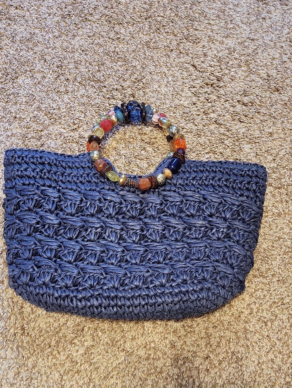 Handwoven Navy Crochet Handbag with Beaded Handle